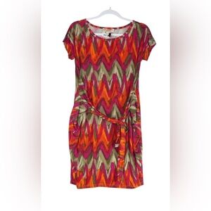 Michael Kors Dress Womens Size L Red Multi Chevron Attached Sash Belt